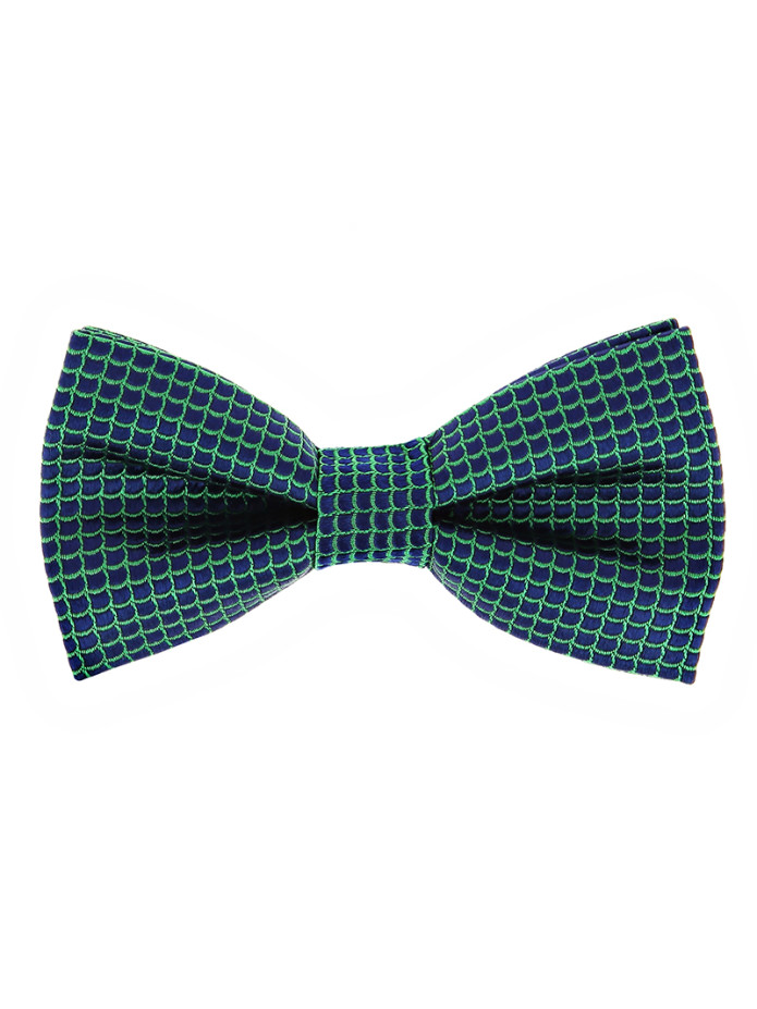 Gravata borboleta azul-marinho com padrão japonês seigaiha verde em seda