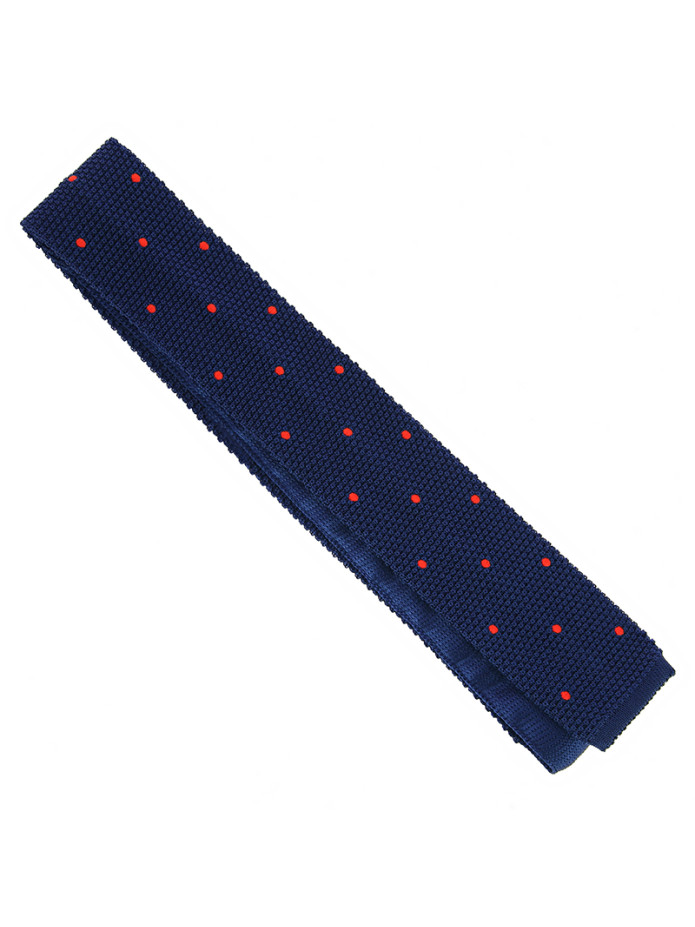 Cravate tricot en soie bleue à pois orange