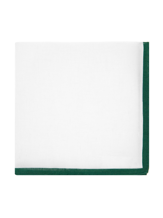 Lenço de bolso em linho branco com bainha verde inglês