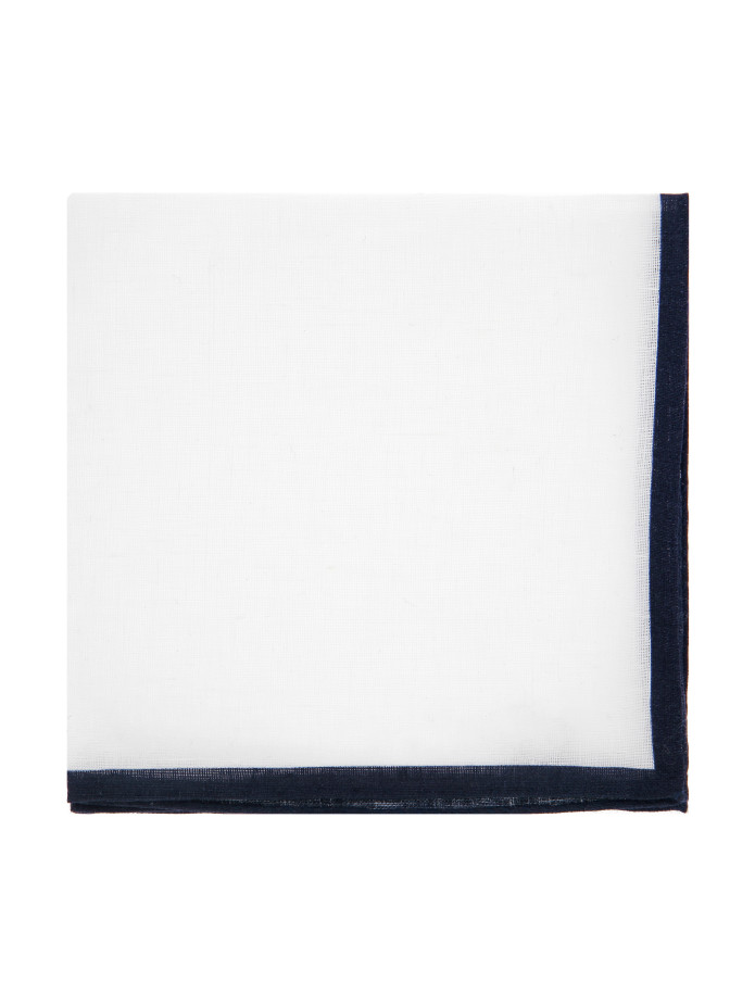 Lenço de bolso de linho branco com bainha azul marinho