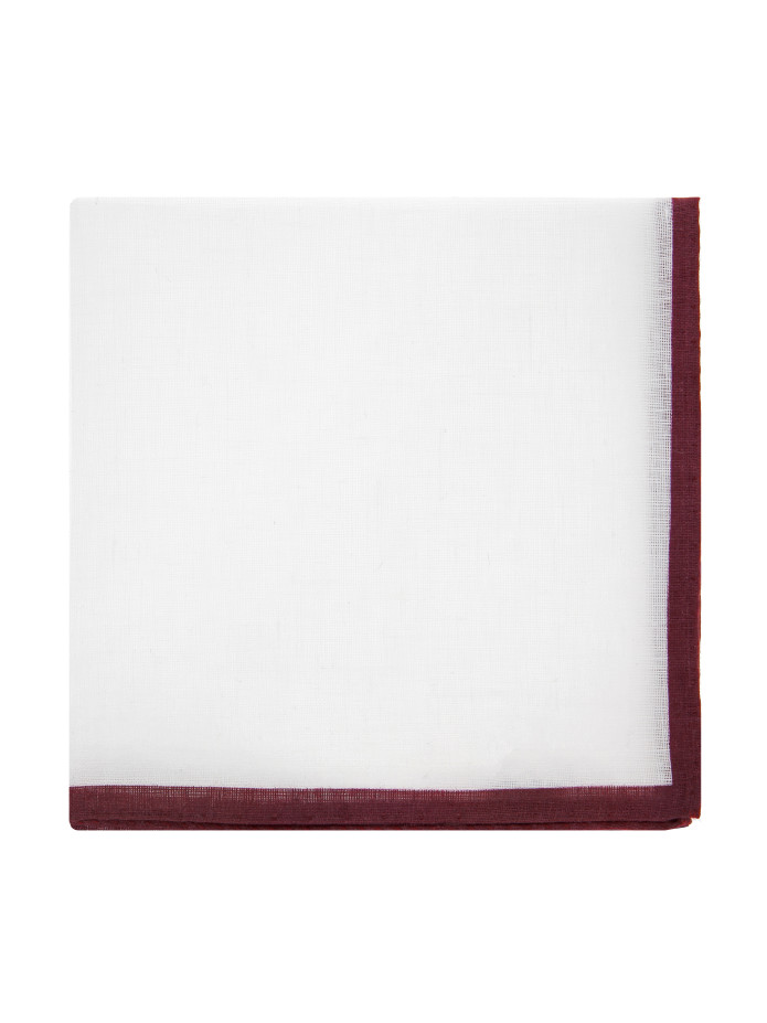 Lenço de bolso em linho branco com bainha bordeaux