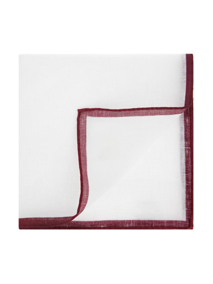 Lenço de bolso de linho branco com bainha bordô