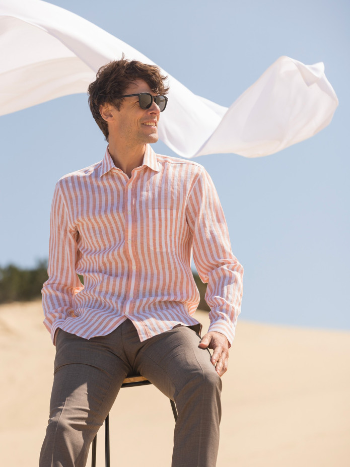 CAMISA DE LINHO ÀS RISCAS - LARANJA