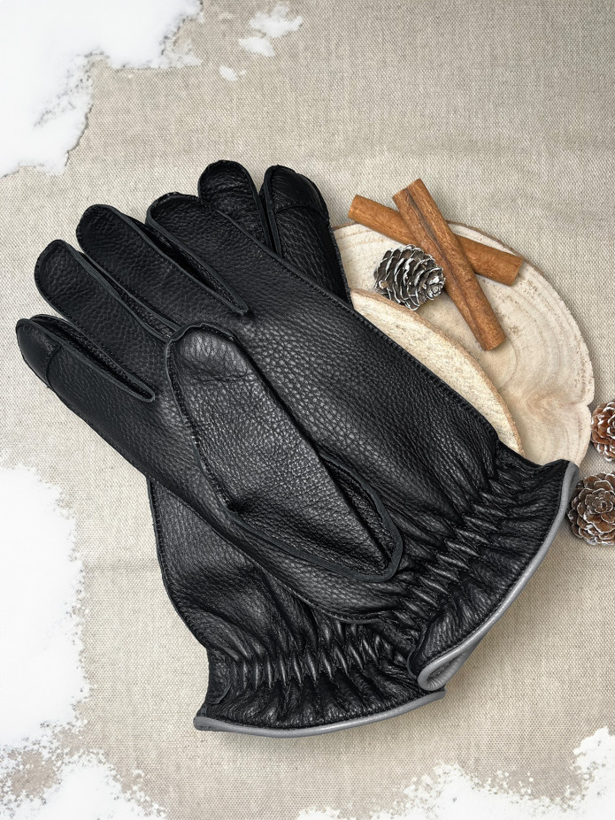 Luvas de couro pretas com toque sensível e forro de caxemira cinza