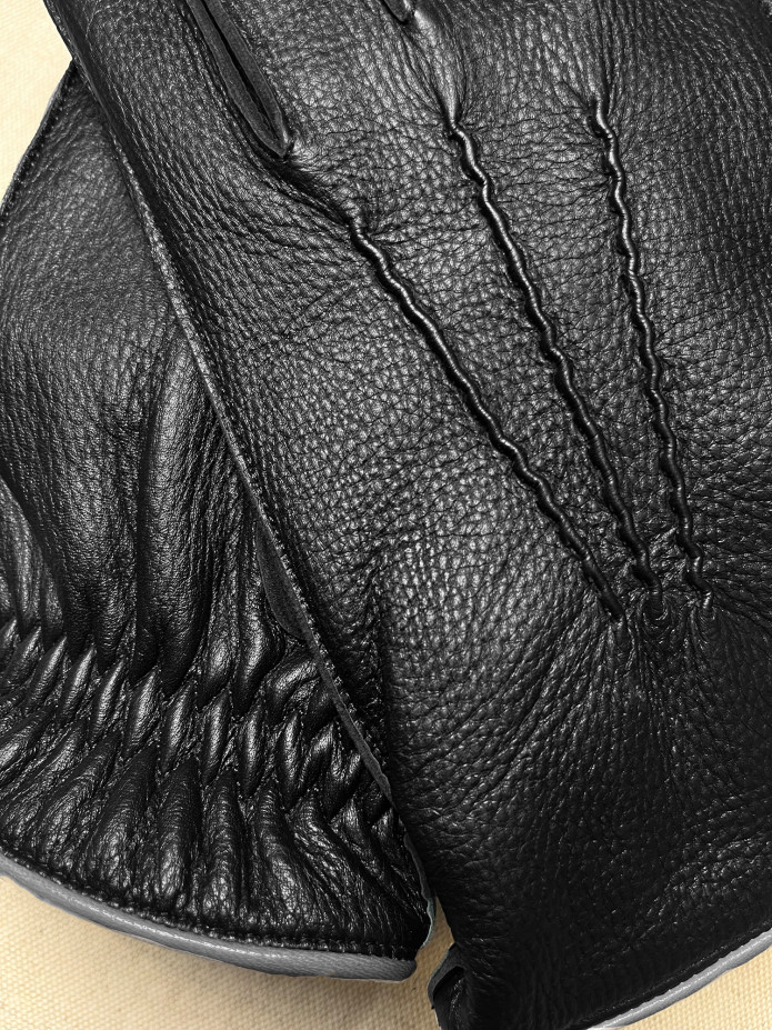 Gants en cuir tactiles noirs doublure cachemire grise