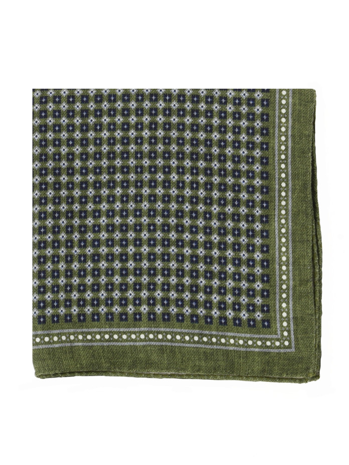 Lenço de bolso em seda verde com padrão quadrado azul
