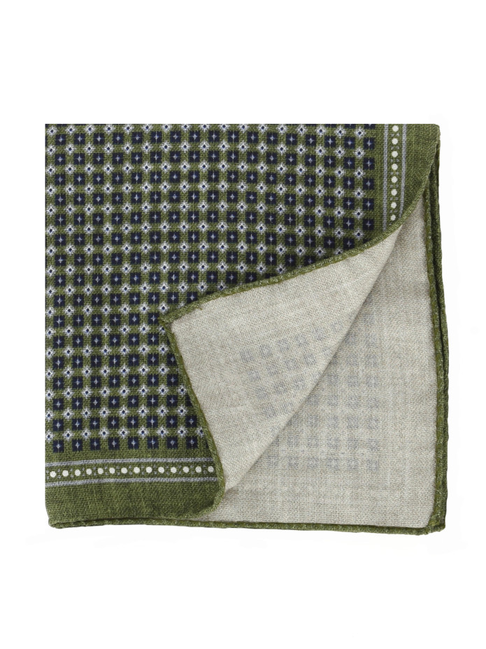 Lenço de bolso de fato em seda verde com padrão quadrado azul