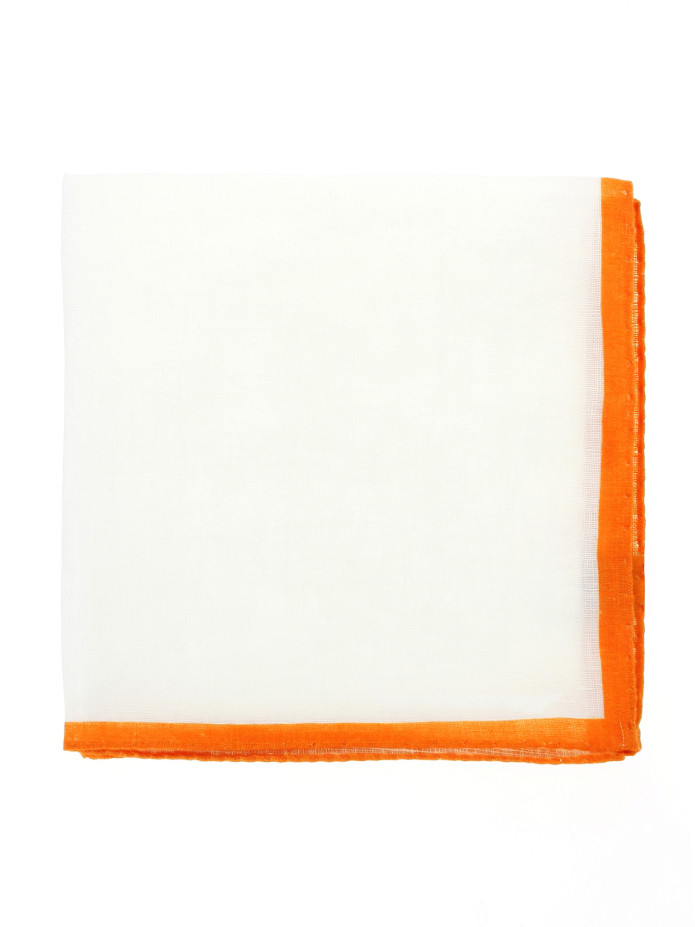 Lenço de bolso de linho branco com bainha laranja