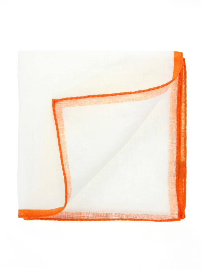 Lenço de bolso de linho branco com bainha laranja