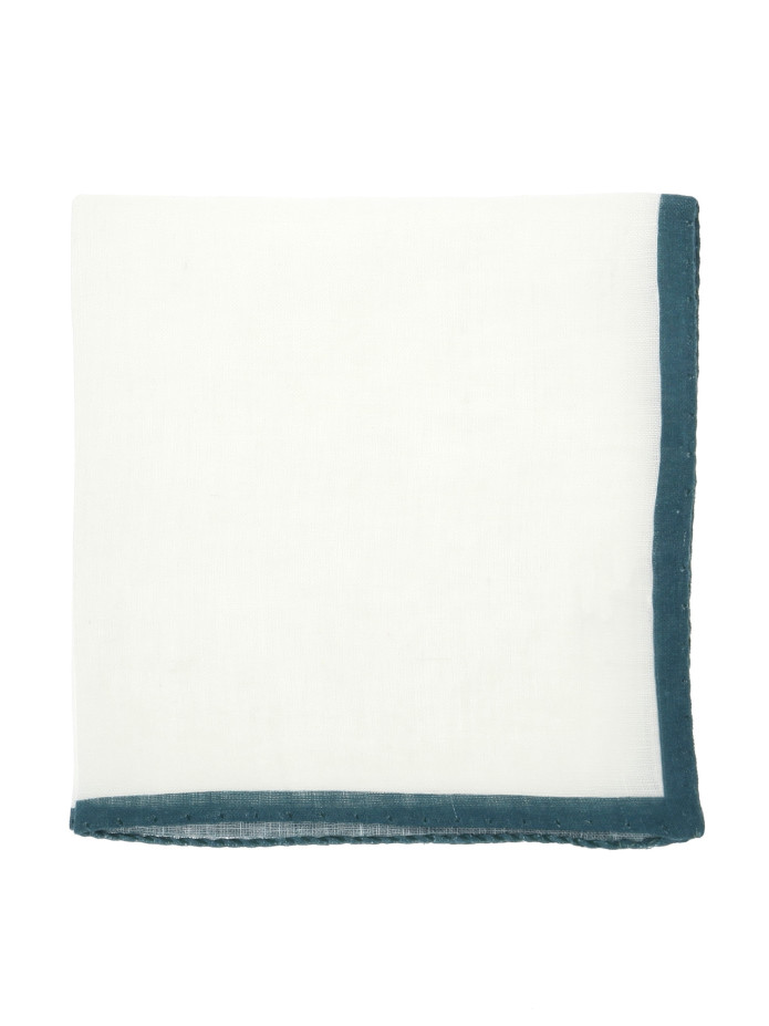 Lenço de bolso de linho branco com bainha verde-tomilho