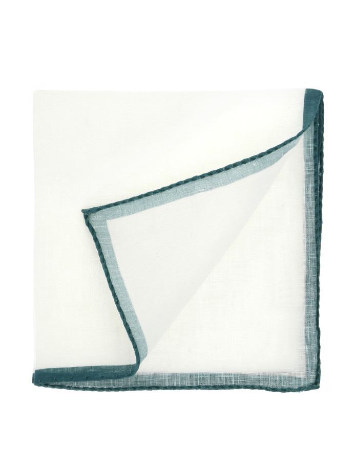 Lenço de bolso em linho branco com bainha verde tomilho