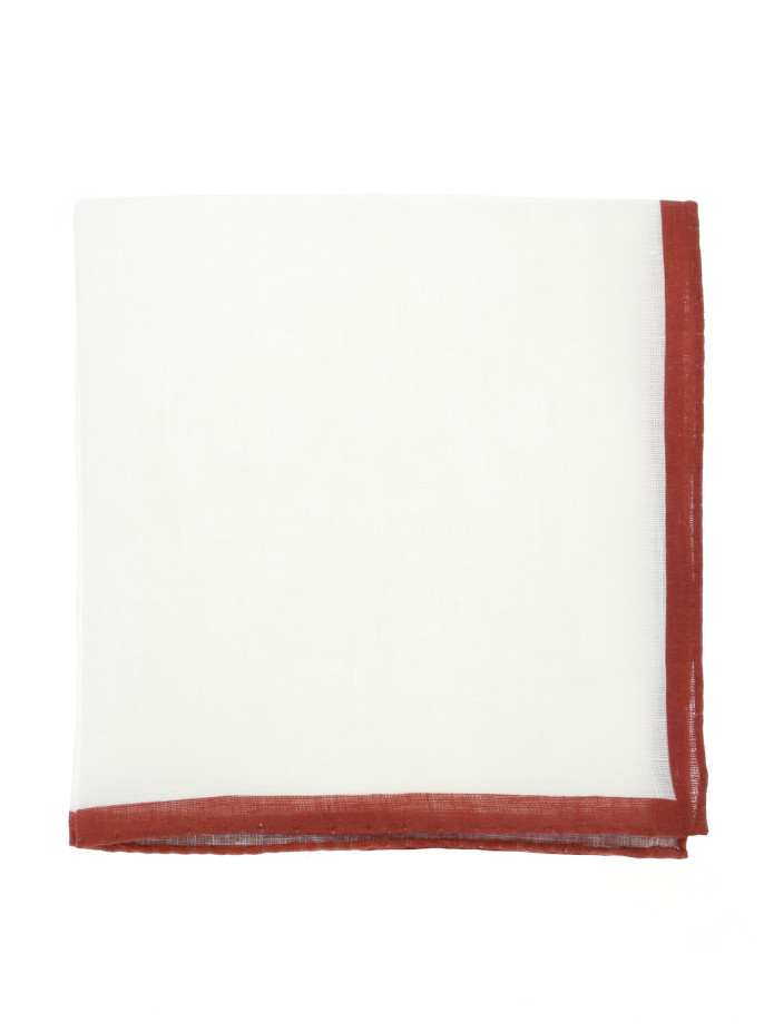 Lenço de bolso de linho branco com bainha terracota