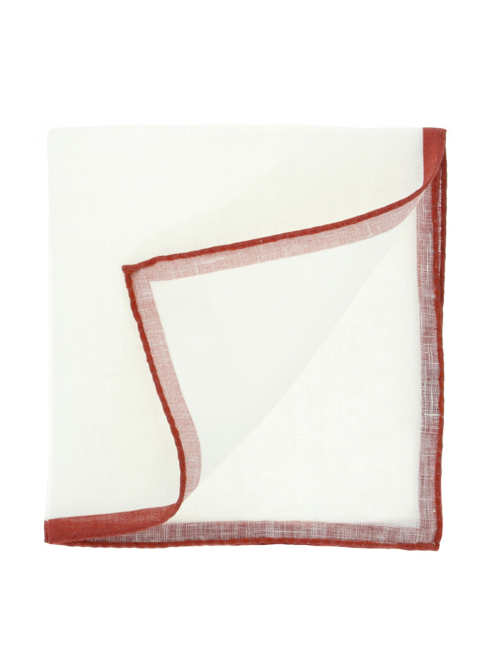 Lenço de bolso de linho branco com bainha terracota