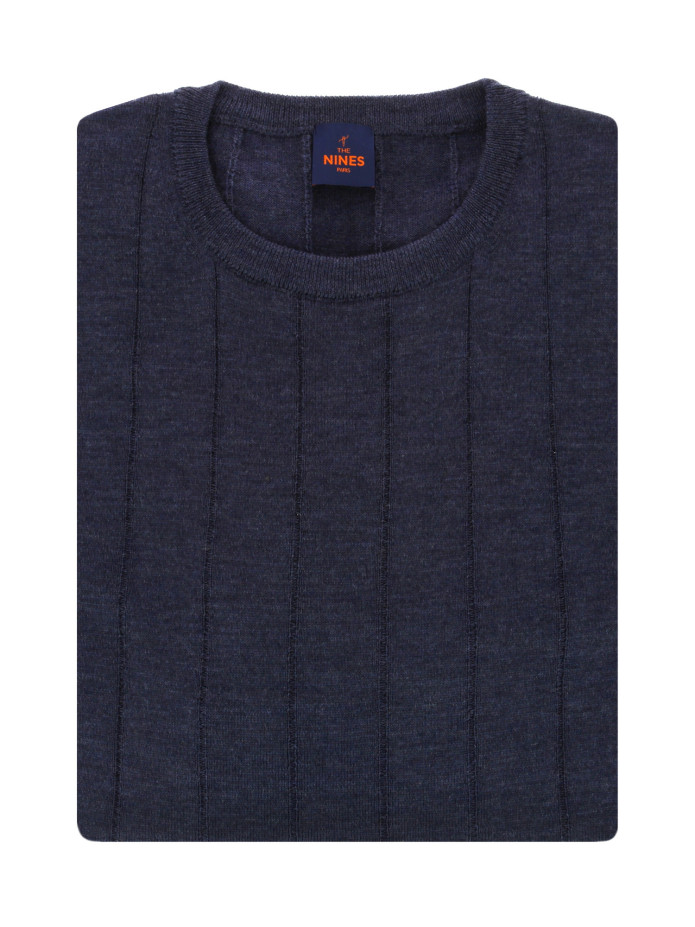Camisola de gola redonda azul tempestade - Camisola de lã merino extra fina
