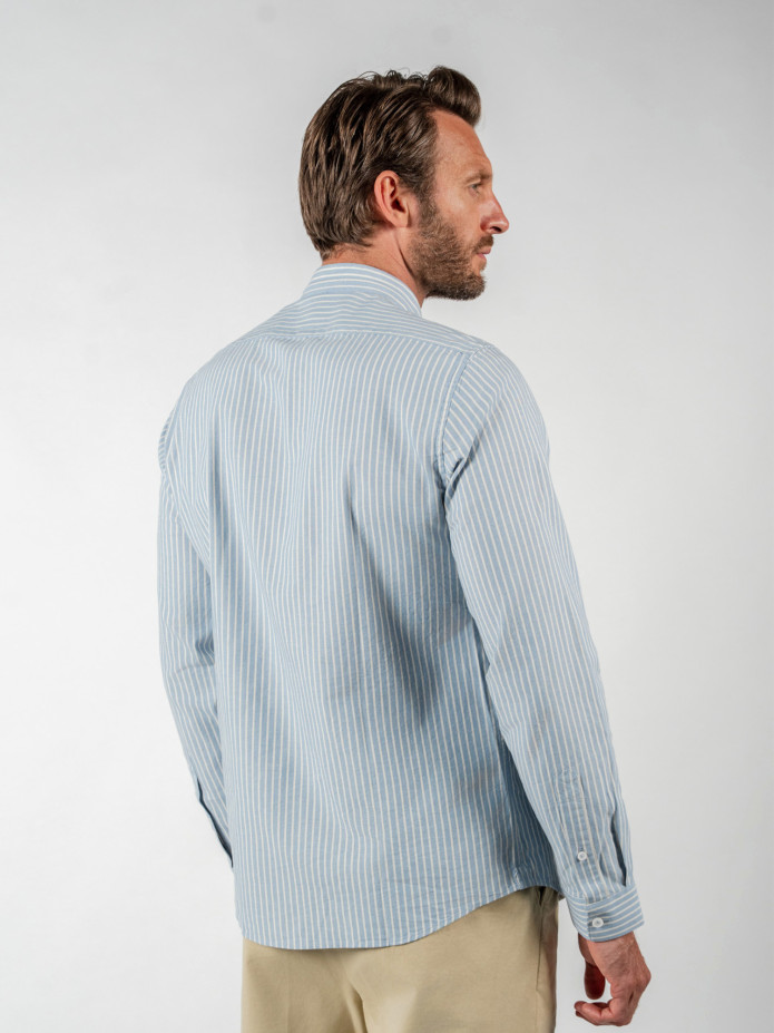 Camisa gola mao em oxford japonês às riscas azul céu