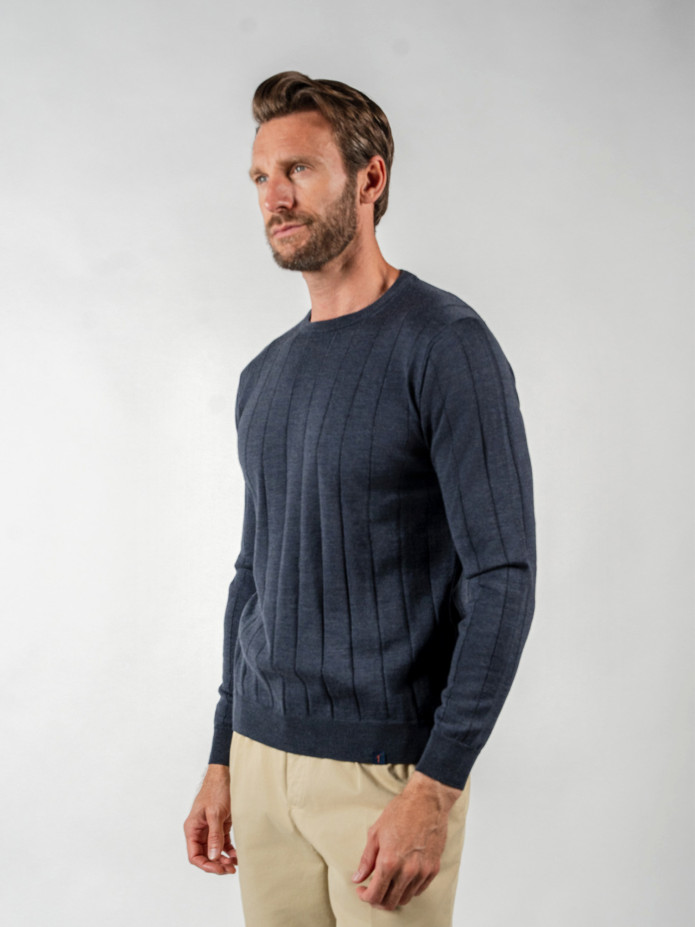 Camisola de gola redonda canelada azul tempestade