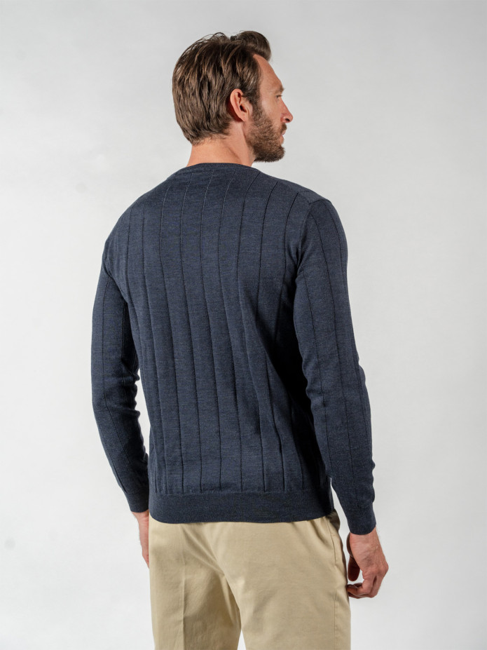 Camisola de gola redonda canelada azul tempestade