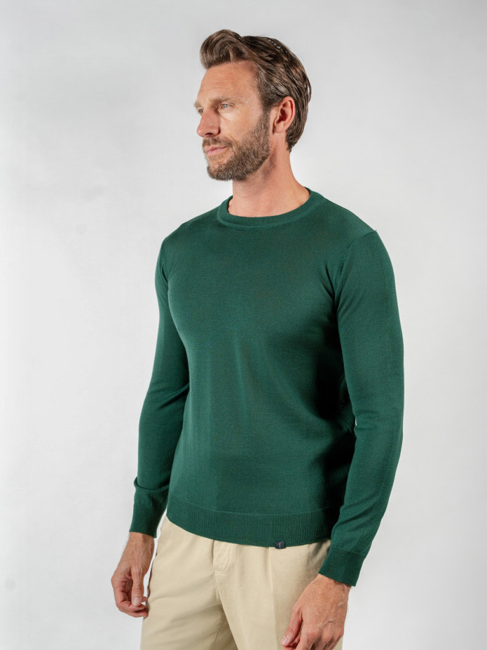 Camisola de gola redonda em lã virgem verde pinheiro
