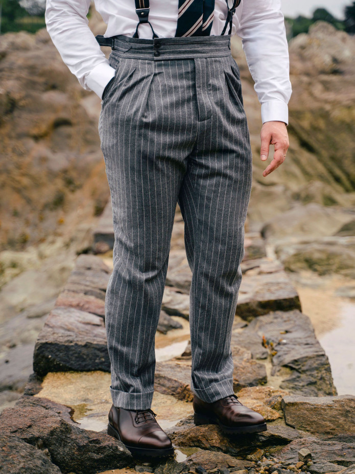 Pantalon en flanelle grise à rayures Tregorn