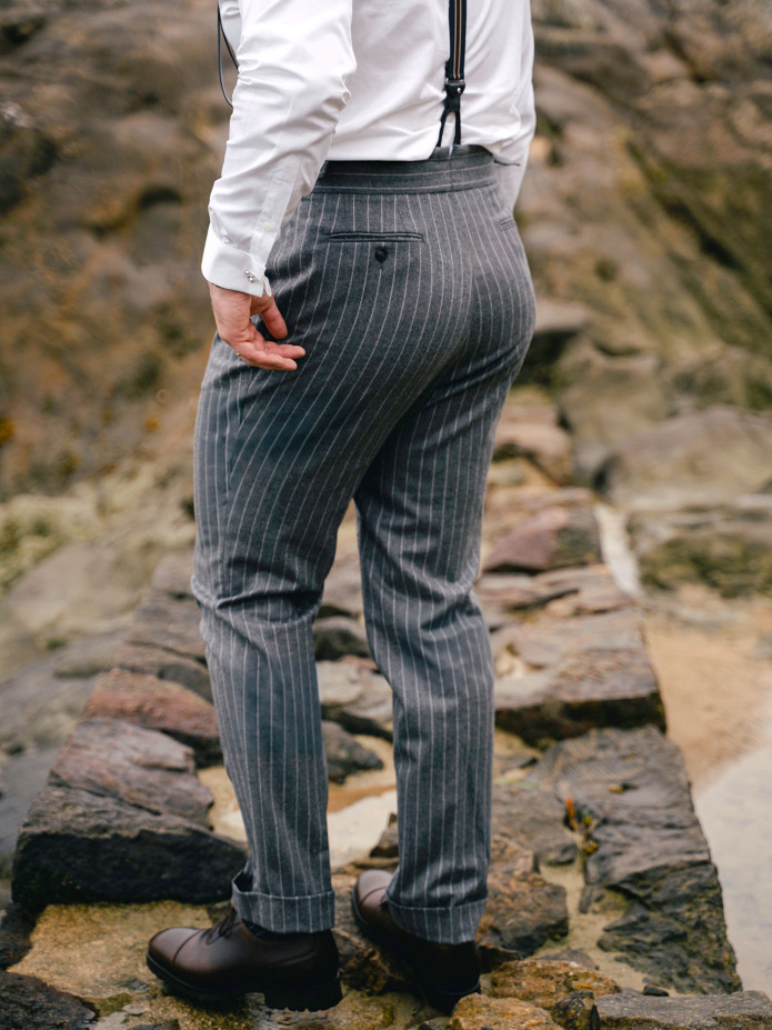 Pantalon en flanelle grise à rayures Tregorn
