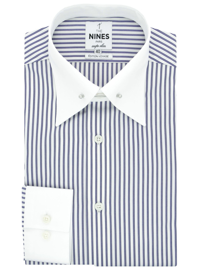 Camisa de colarinho de alfinete em popelina com riscas azul-marinho