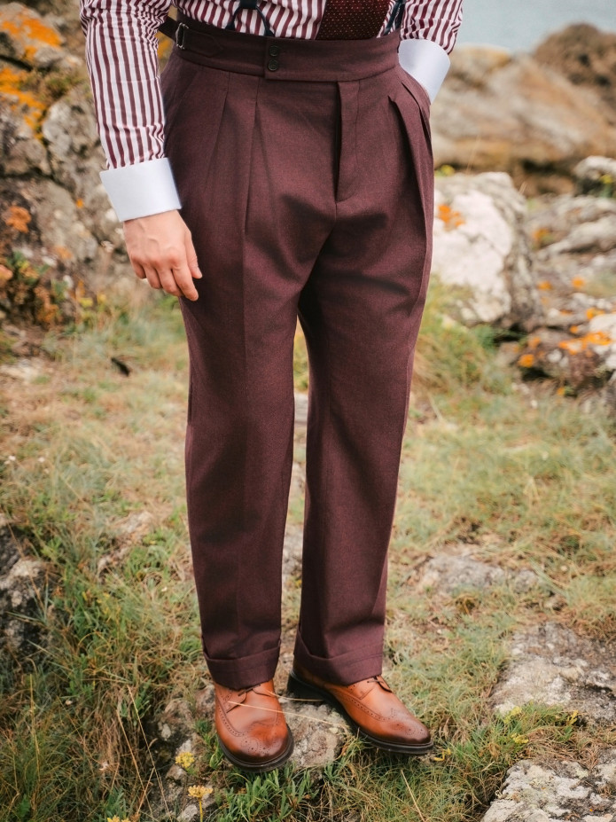 Pantalon taille haute en flanelle bordeaux