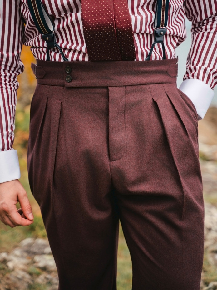 Pantalon taille haute en flanelle bordeaux