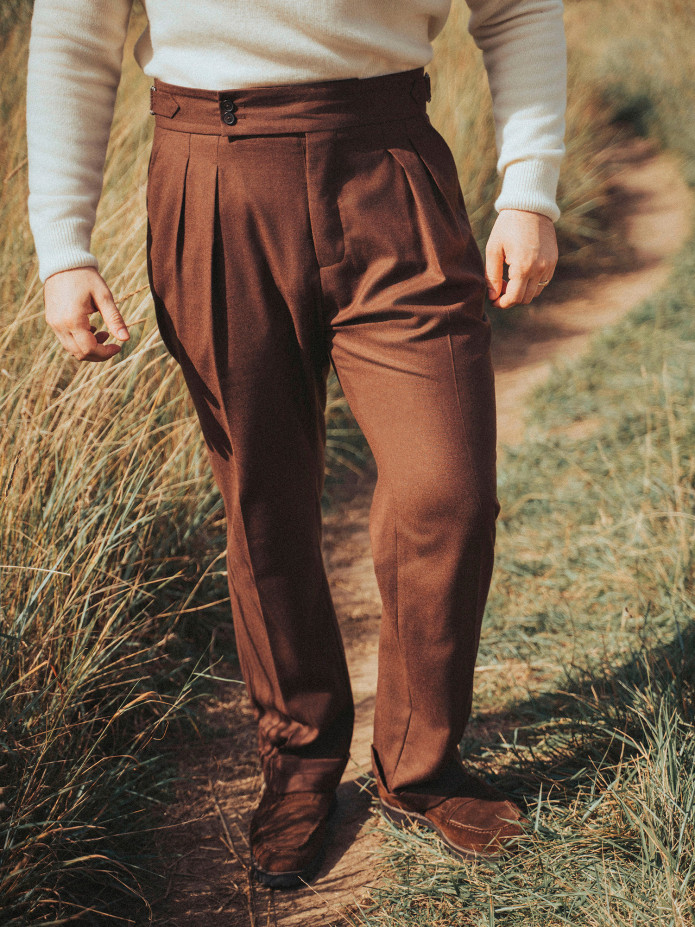 Pantalon taille haute en flanelle marron