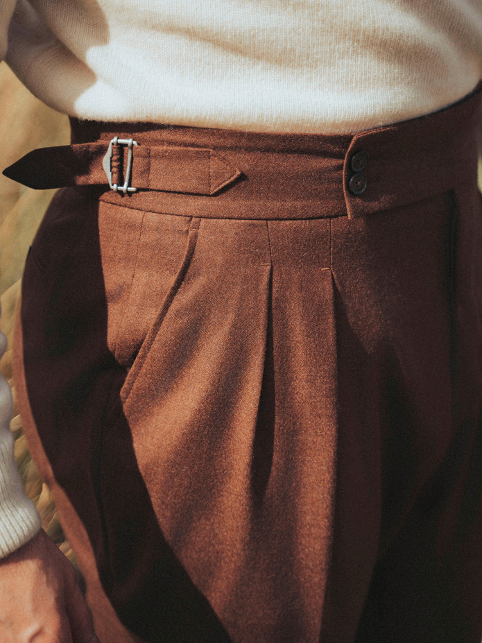 Pantalon taille haute en flanelle marron