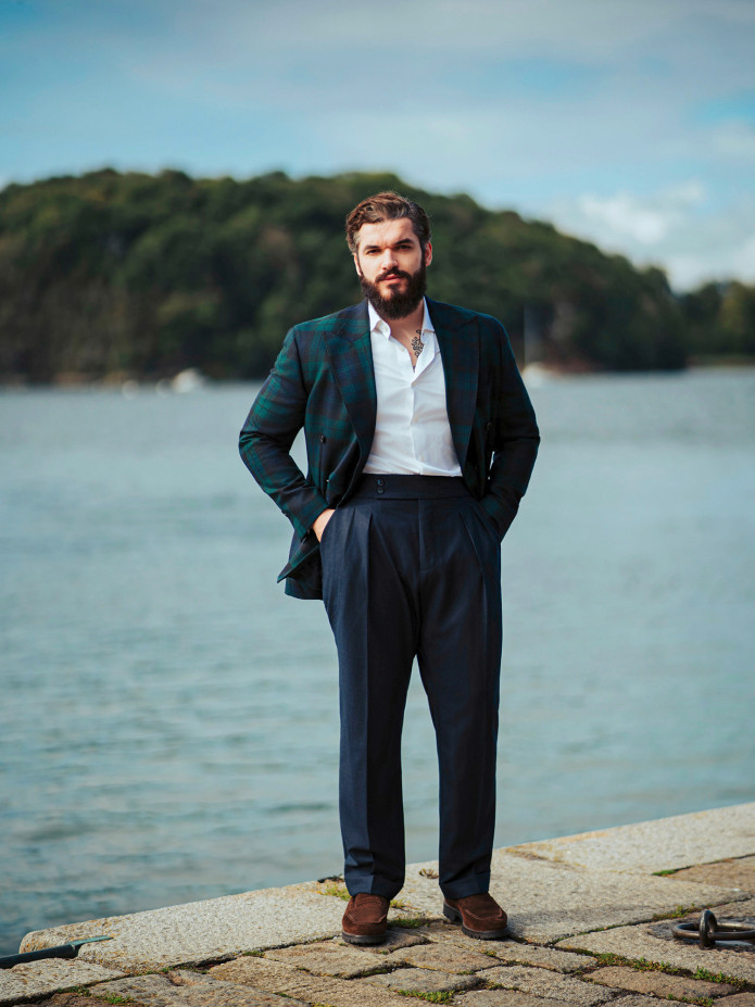 Pantalon taille haute en flanelle bleu marine