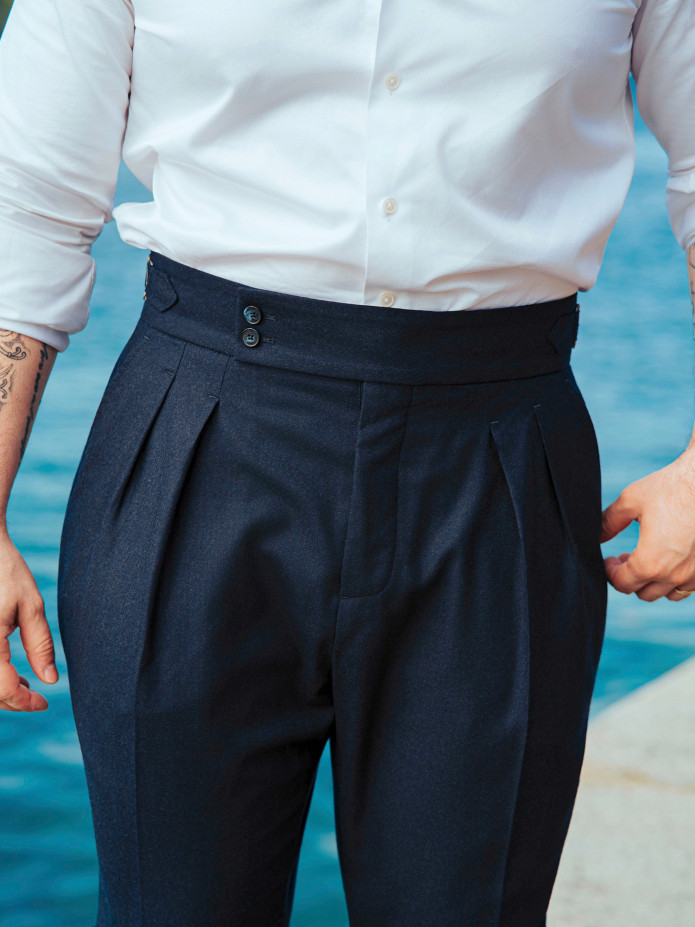 Pantalon taille haute en flanelle bleu marine