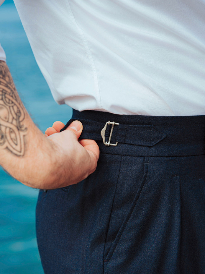 Pantalon taille haute en flanelle bleu marine