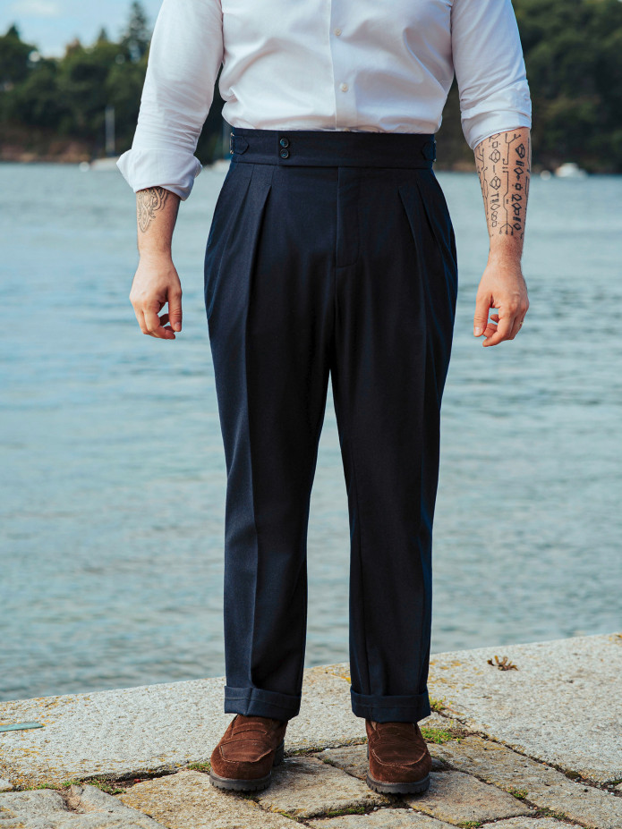 Pantalon taille haute en flanelle bleu marine