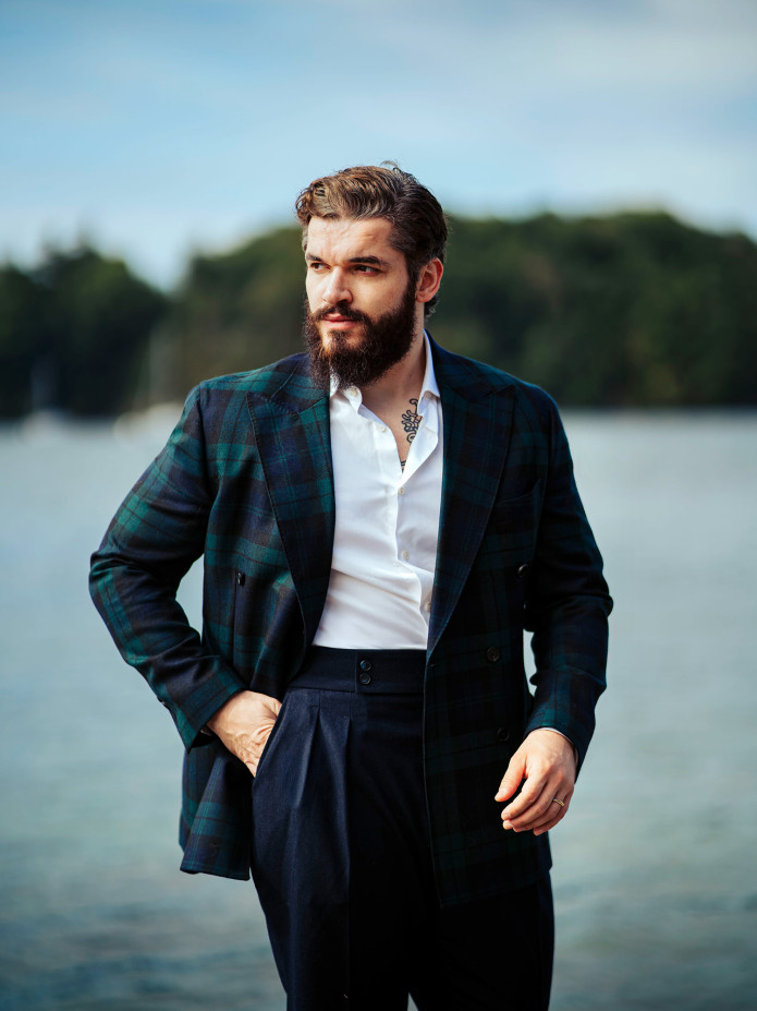 Pantalon taille haute en flanelle bleu marine