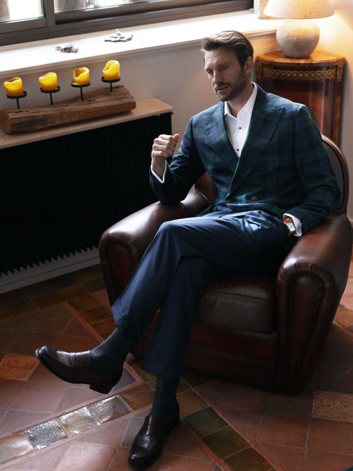 Blazer croisé en tartan Blackwatch bleu marine