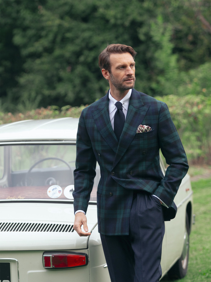 Blazer croisé en tartan Blackwatch bleu marine