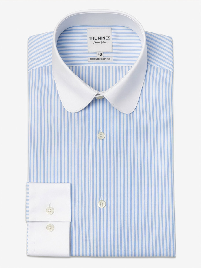 Camisa Colarinho Redondo às Riscas Azul Céu