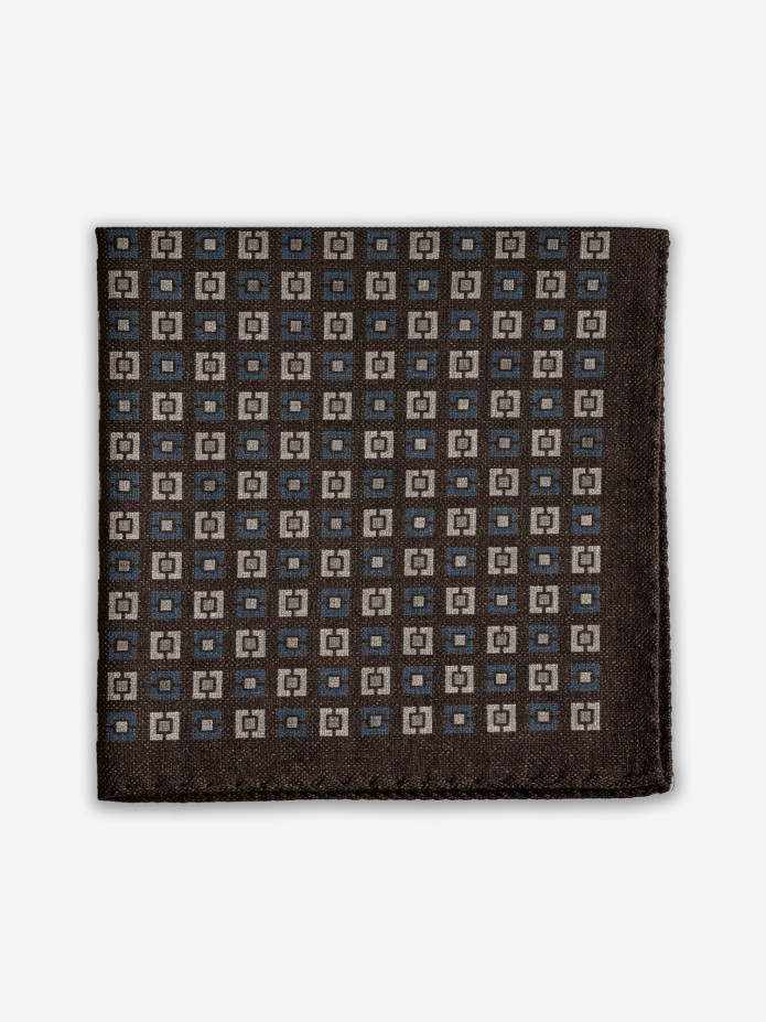 Lenço de bolso em lã castanho com motivos quadrados