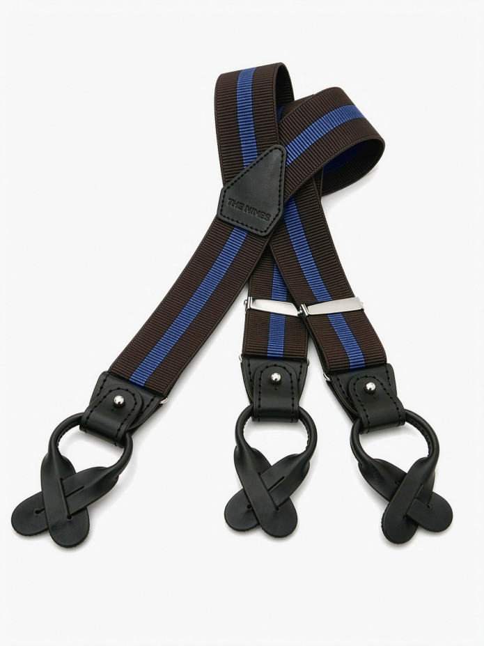 Suspensórios homem com riscas castanho e azul com botões