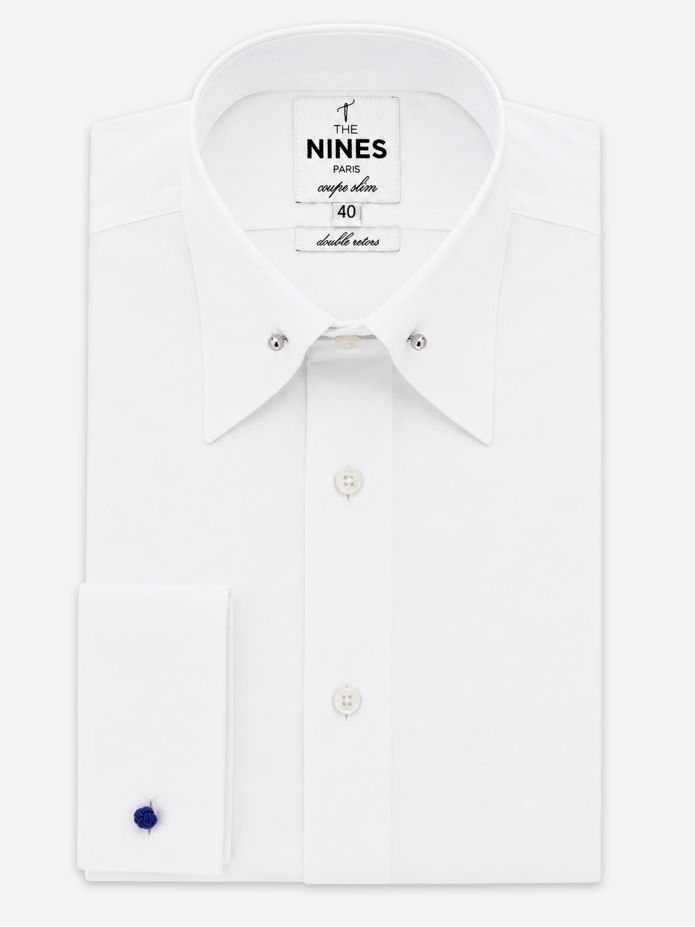 Camisa colarinho alfinete branca punhos mosqueteiros