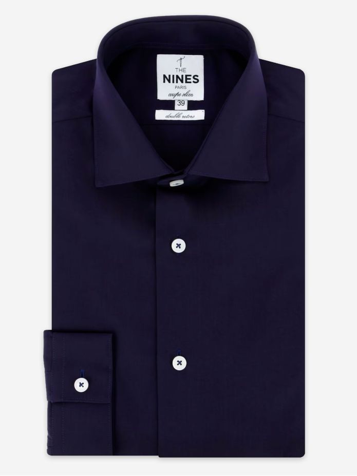 Camisa de colarinho italiano em popelina azul marinho