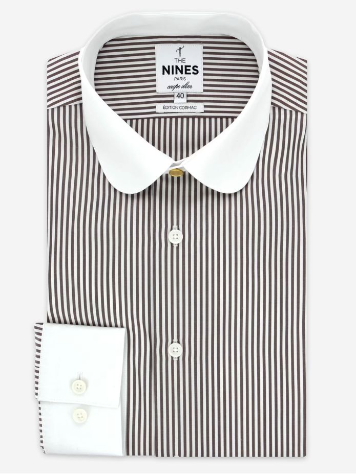 Camisa de gola redonda às riscas castanhas