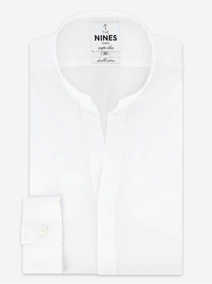 Camisa de colarinho direito aberto em popelina branca
