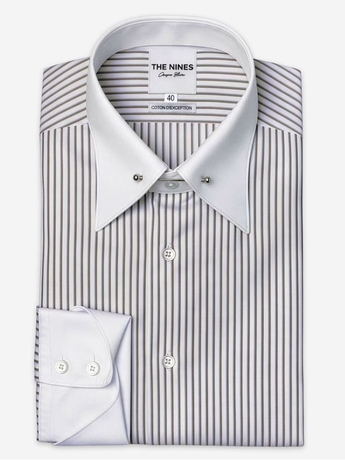 Camisa colarinho de alfinete com riscas castanho e azul céu