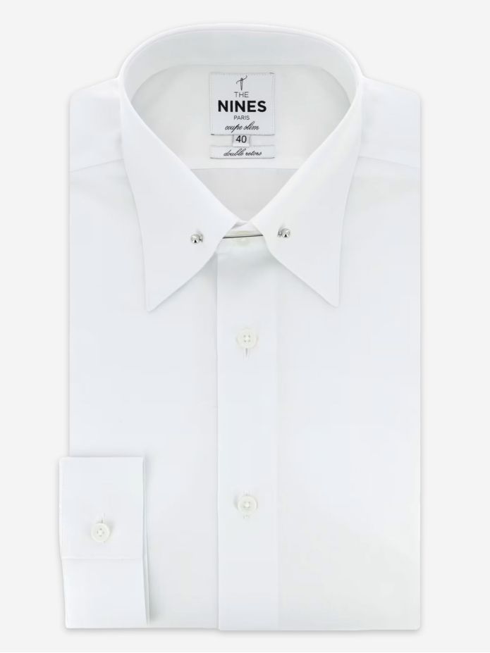 Camisa colarinho de alfinete com riscas castanho e azul céu