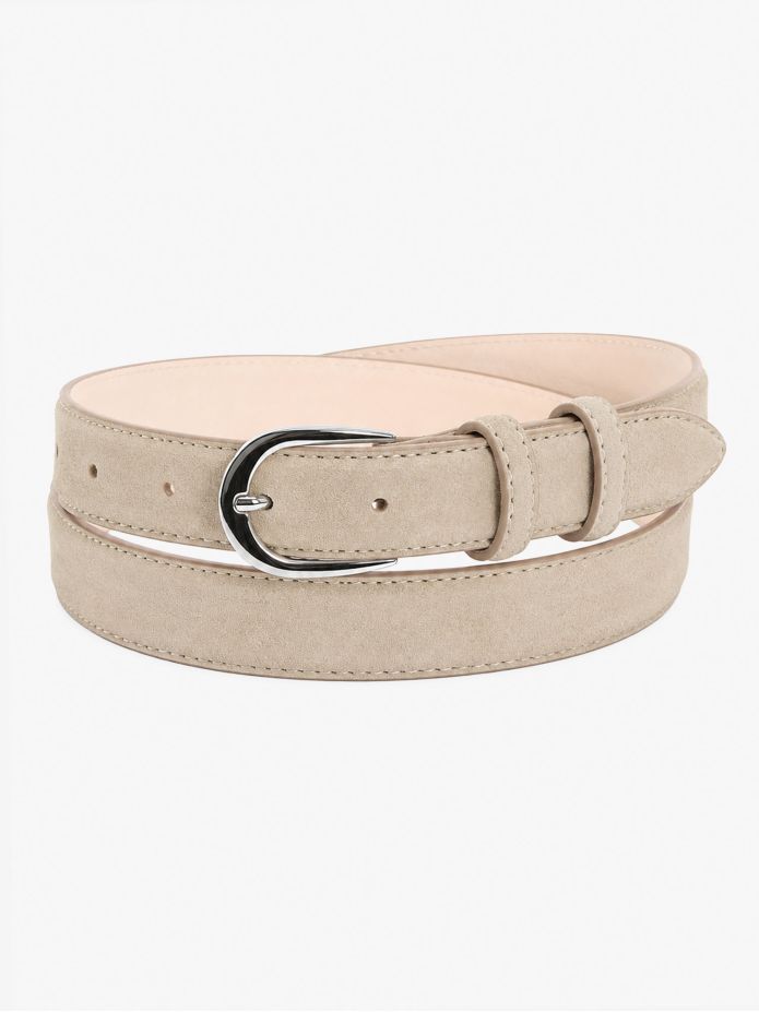 Cinto fino bege fivela prateada em nubuck - Gab