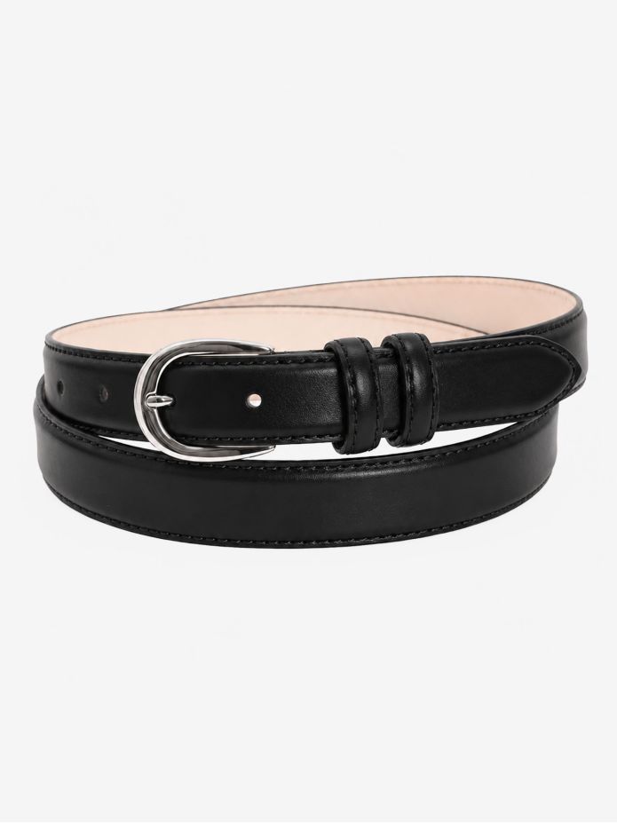 Cinto fino preto fivela prateada em couro - Gab