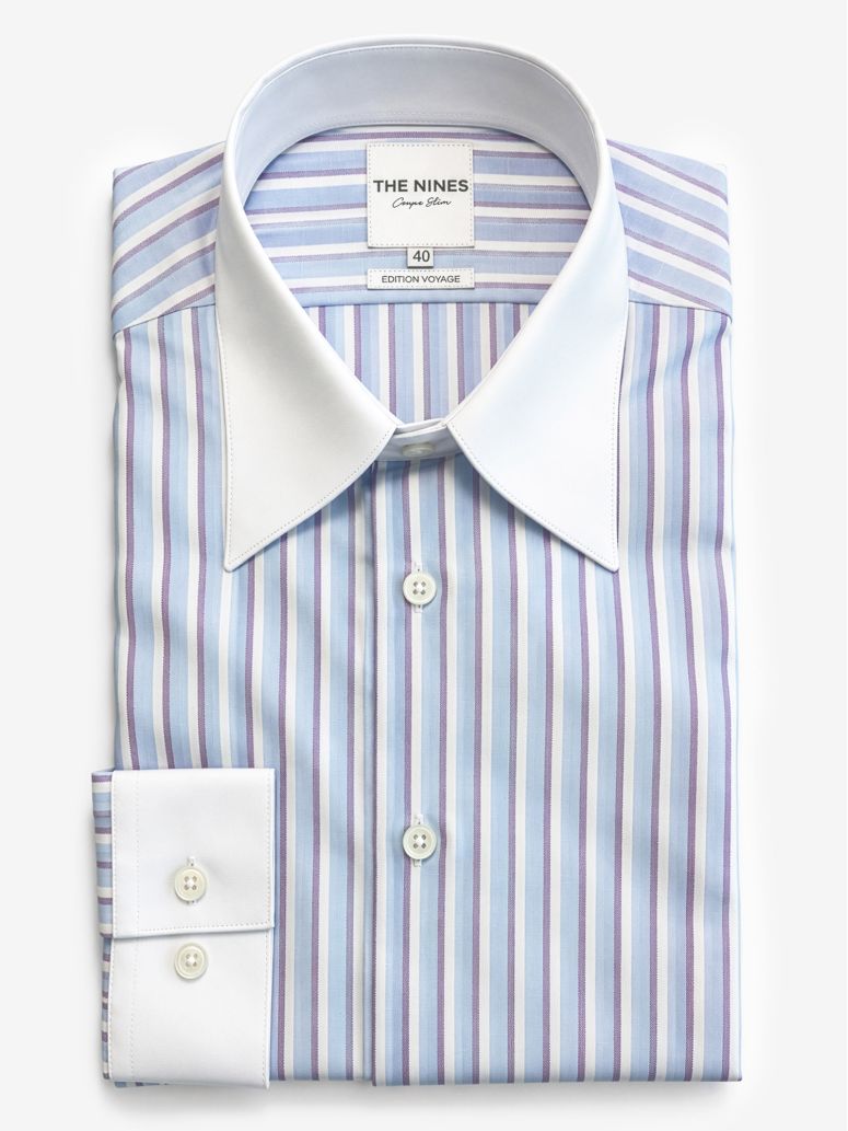 Camisa de colarinho francês engomada com riscas azul-celeste e violeta