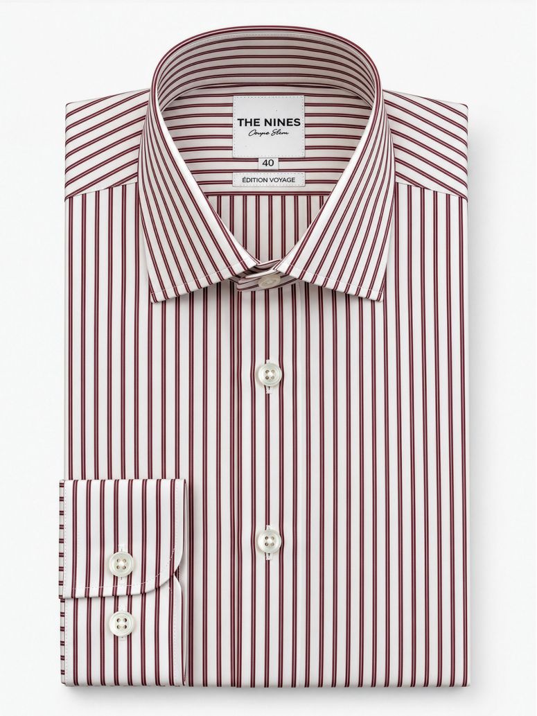 Camisa de colarinho italiano engomada com riscas bordeaux