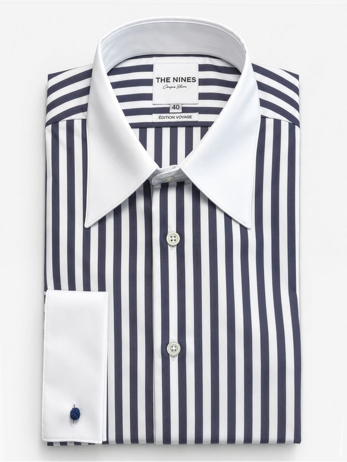 Camisa colarinho francês às riscas azul-marinho com punhos mousquetaire
